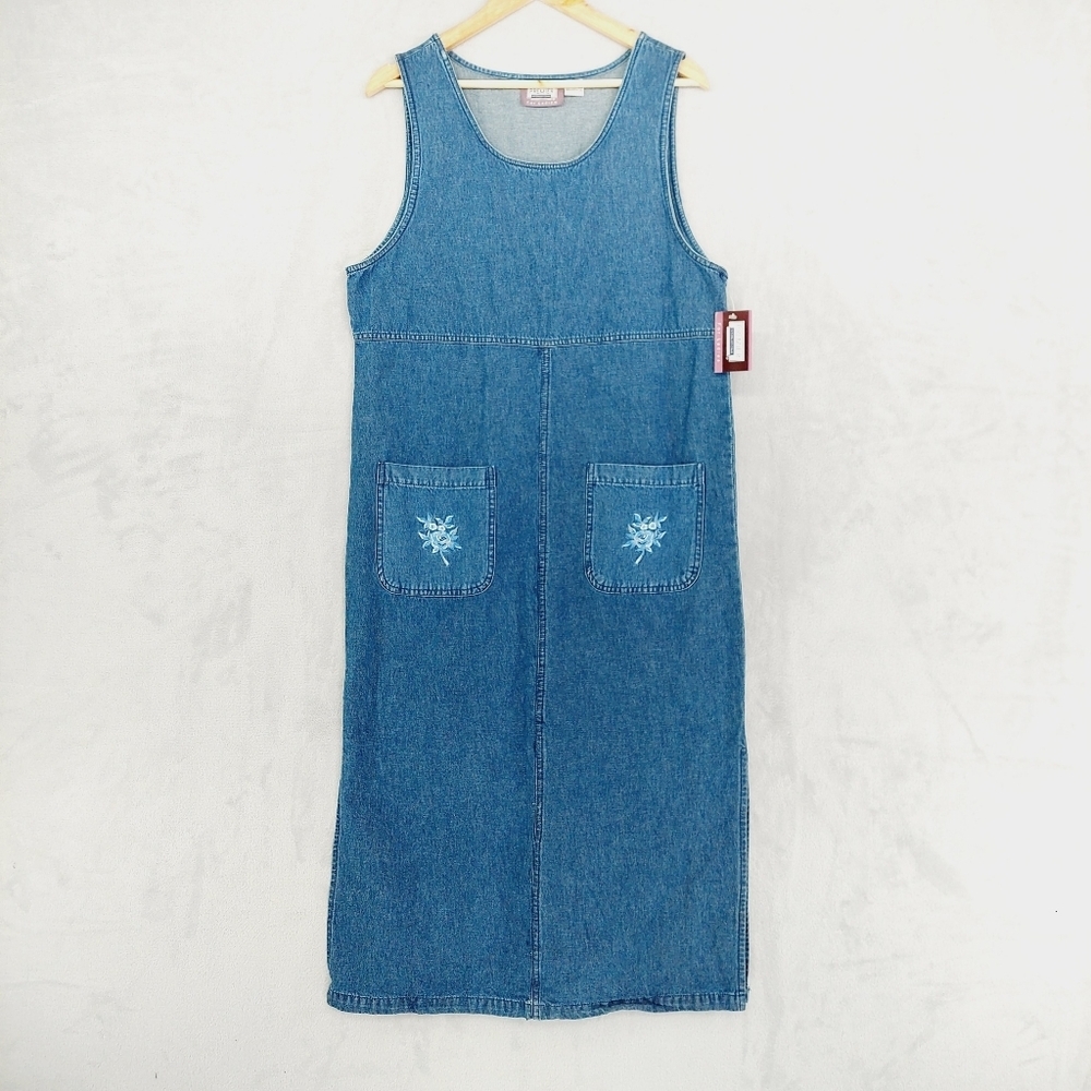 New Vintage Premier International Sleeveless Embroidered Jean Overall Dress P436